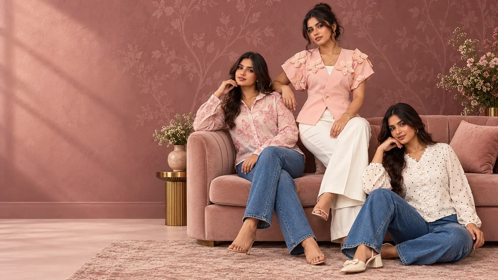 Three Semewz looks on a blush sofa: a sheer floral shirt with jeans, a petal jacket with white trousers and a polka-dot lace blouse