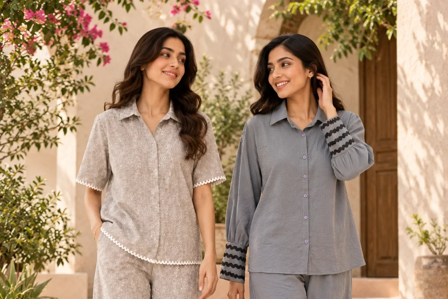 Two women in Semewz co-ords walking through a sunlit courtyard